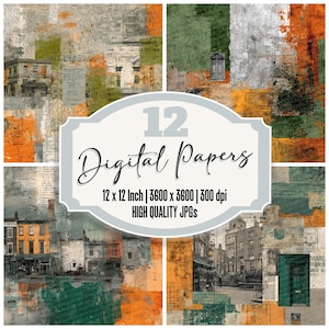 May include: A collage of 12 digital papers with a vintage aesthetic. Each paper features a mix of architectural elements, text, and abstract color blocks in shades of orange, green, and gray. The central label reads "12 Digital Papers" with dimensions and quality details.
