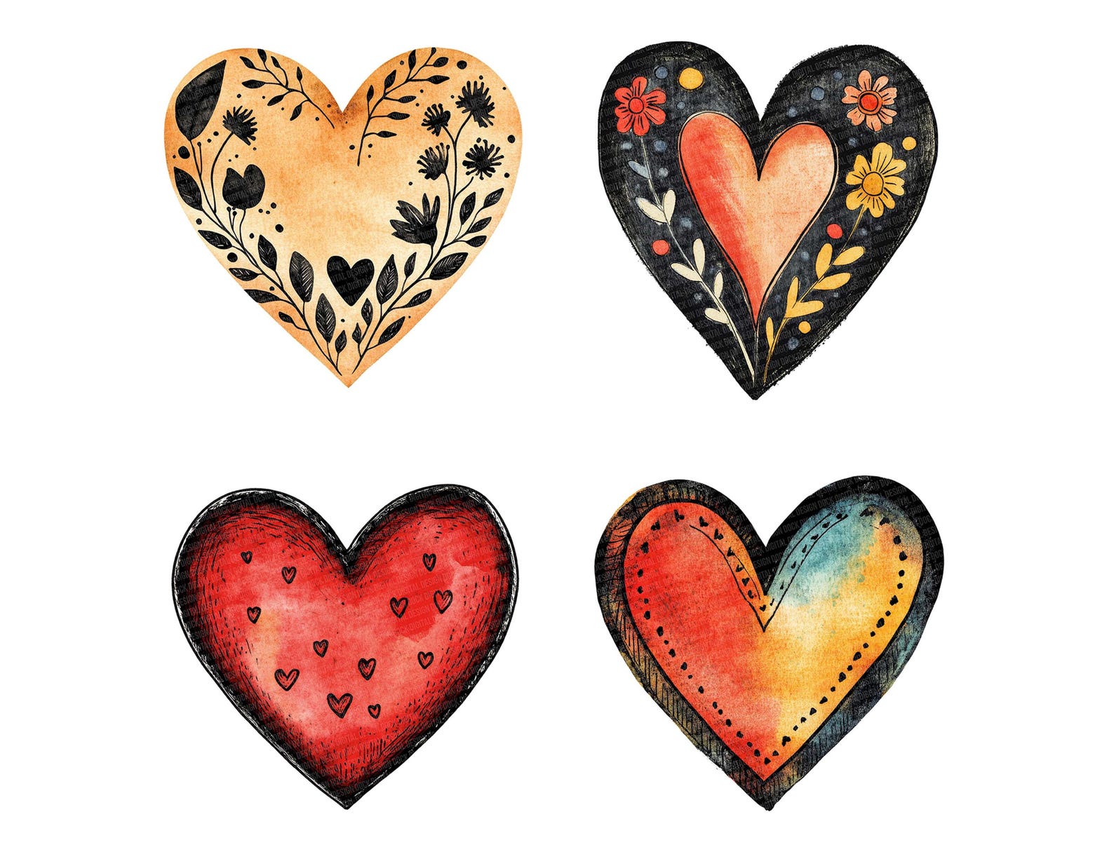 Folk Art Heart PNG Clipart, 12x Decorative Hearts Clip Art Set ...