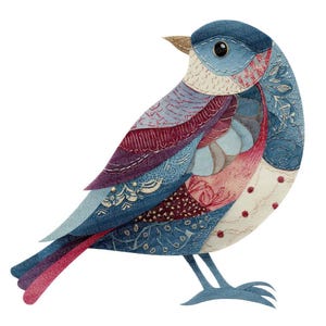 Könnte beinhalten: Bunte Illustration eines Vogels mit Patchwork-Design. Der Vogel weist Farbtöne von Blau, Rot und Weiß mit komplizierten Mustern und Texturen auf. Er hat einen goldenen Schnabel und steht vor einem weißen Hintergrund.