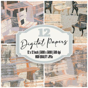 May include: A set of 12 digital papers featuring a repeating pattern of park benches in shades of orange, blue, and grey with a script background. The central label displays the text 12 Digital Papers, 12 x 12 Inch, 3600 x 3600, 300 dpi, HIGH QUALITY JPGs.