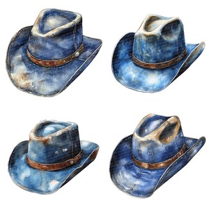 May include: Four blue denim cowboy hats with brown leather bands. The hats are worn and have a distressed look.