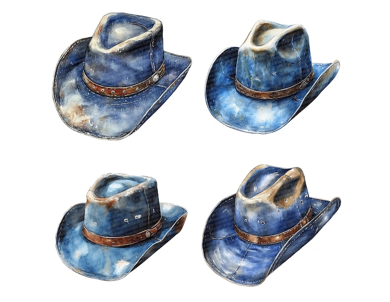 May include: Four blue denim cowboy hats with brown leather bands. The hats are worn and have a distressed look.