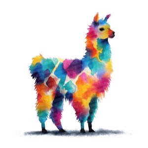 May include: A watercolor illustration of a llama in vibrant colors. The llama is depicted in shades of blue, yellow, orange, pink, and purple, with a white geometric pattern on its side. The artwork is set against a white background.