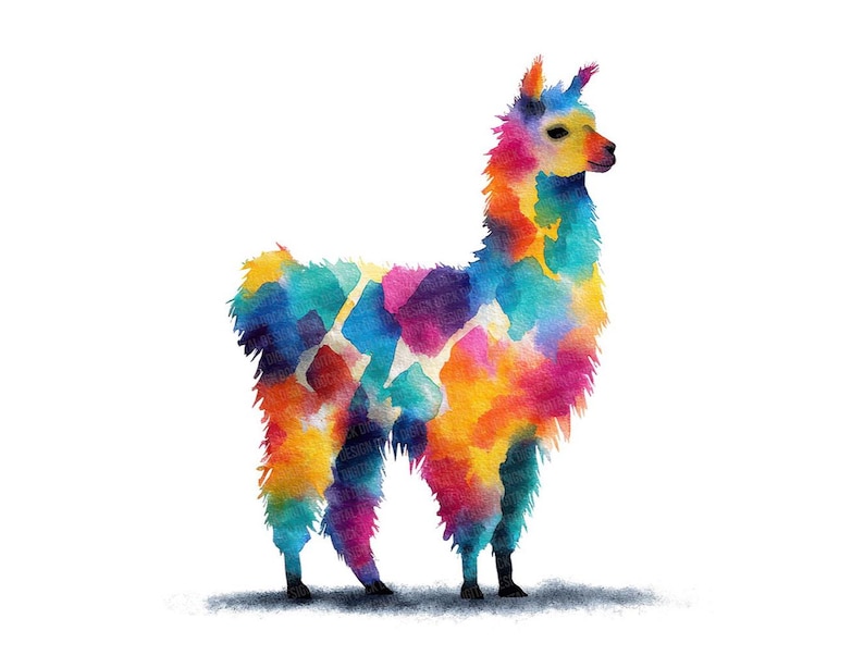 May include: A watercolor illustration of a llama in vibrant colors. The llama is depicted in shades of blue, yellow, orange, pink, and purple, with a white geometric pattern on its side. The artwork is set against a white background.
