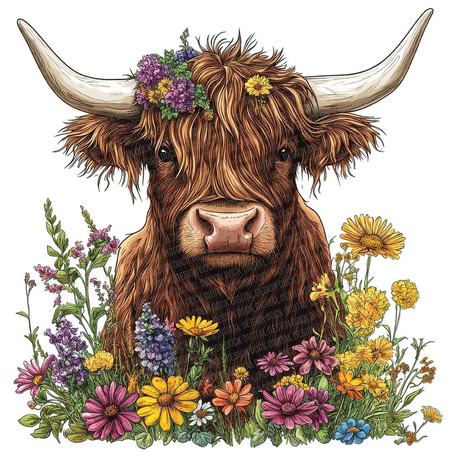 12x Floral Highland Cow PNG Clipart, Watercolor Cow With Flowers Clip ...