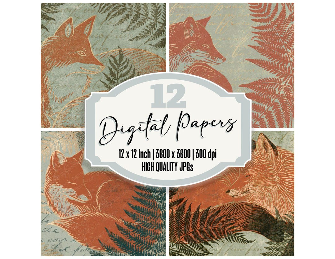 12x Woodblock Fox Junk Journal Paper Fern Terracotta Sage Digital Paper ...