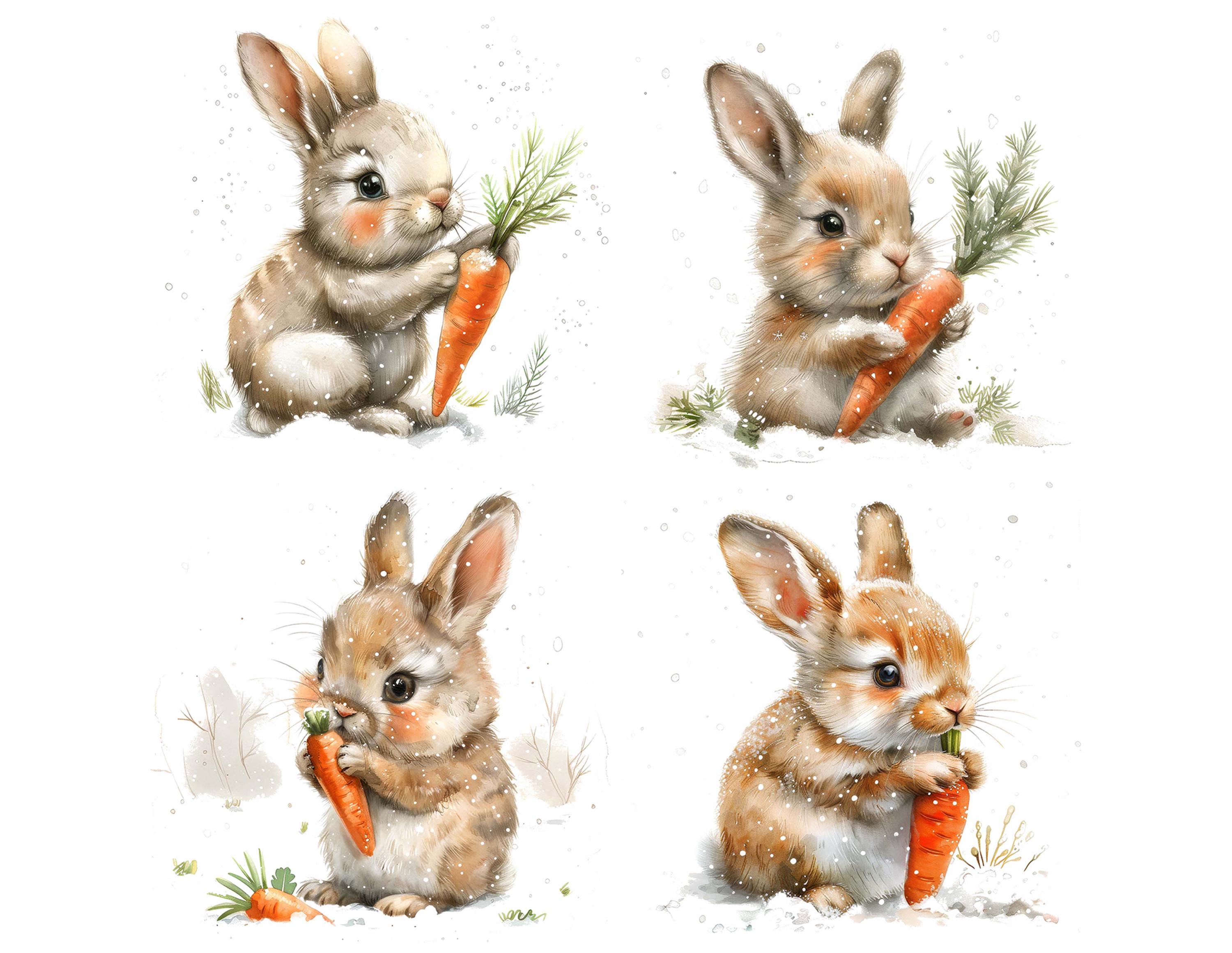 Winter Bunny PNG Clipart, 12x Cute Rabbit With Carrot Clip Art Set ...