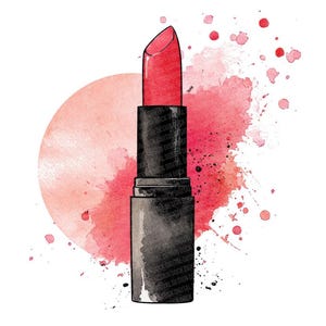 May include: A watercolor illustration of a red lipstick with a black tube. The lipstick is set against a backdrop of pink watercolor splashes and a soft pink circle, creating a vibrant and artistic design. The image is on a white background.