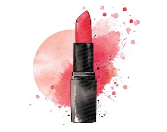 May include: A watercolor illustration of a red lipstick with a black tube. The lipstick is set against a backdrop of pink watercolor splashes and a soft pink circle, creating a vibrant and artistic design. The image is on a white background.