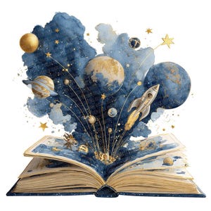 Può includere: Illustrazione ad acquerello di un libro aperto a tema spazio. Pianeti, stelle e un razzo eruttano dalle pagine su uno sfondo blu e oro ad acquerello. Le pagine del libro sono beige caldo.