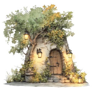 Förtrollad skogsdörr PNG-clip art, 12x fantasy trädkojasdörr clipart-set, utskrivbar akvarell clip art, transparent PNG, digital nedladdning