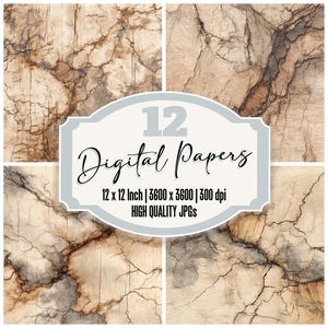Paquete de 12 papeles digitales de diario de arce moteado con vetas de tinta y textura natural, archivos JPG de alta calidad, fondos para álbumes de recortes
