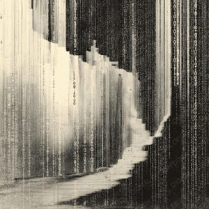 Peut inclure: Impression d'art num&eacute;rique abstraite en niveaux de gris. Des lignes verticales de code binaire descendent en diagonale, repr&eacute;sentant le flux de donn&eacute;es. L'&oelig;uvre pr&eacute;sente un contraste de tons clairs et fonc&eacute;s, avec le texte "DIGITAL DESIGN" visible.