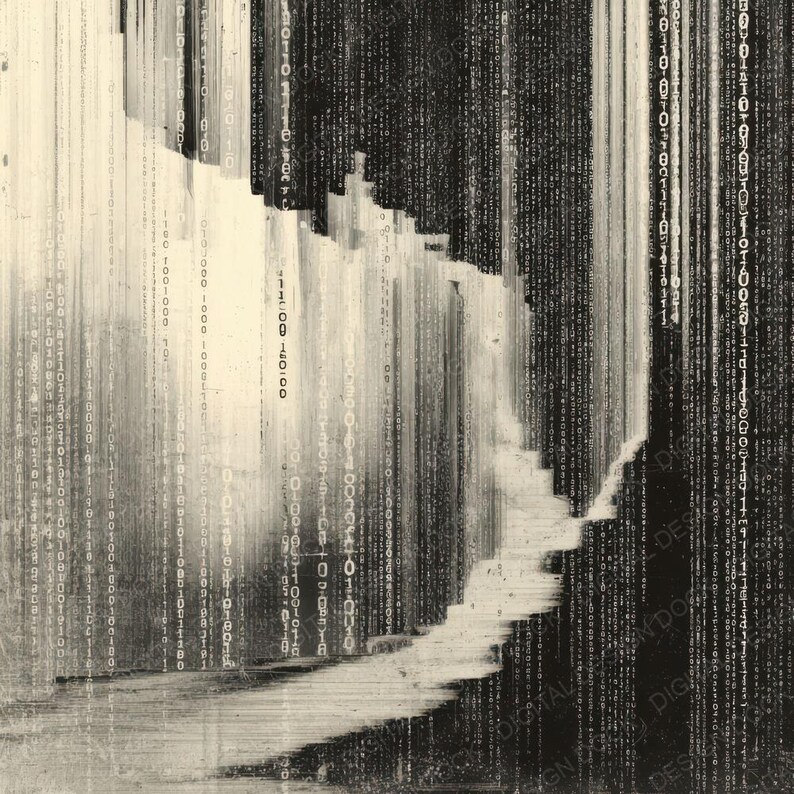 Peut inclure: Impression d'art num&eacute;rique abstraite en niveaux de gris. Des lignes verticales de code binaire descendent en diagonale, repr&eacute;sentant le flux de donn&eacute;es. L'&oelig;uvre pr&eacute;sente un contraste de tons clairs et fonc&eacute;s, avec le texte "DIGITAL DESIGN" visible.