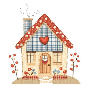 Può includere: Un'illustrazione stravagante di una casa con un cuore rosso sul tetto e una porta di legno. Il tetto è rosso a pois bianchi e le pareti sono beige. La casa ha due finestre ed è circondata da fiori ed erba.