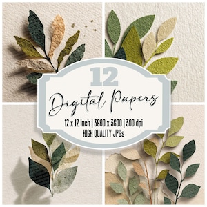 12x Carta da giornale con foglie strappate, carta botanica minimale, carta digitale, JPG di alta qualità, carta per scrapbooking con texture naturale, download digitale