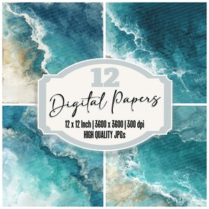 May include: A digital art print featuring twelve high-quality JPGs. The artwork showcases abstract ocean wave patterns in shades of blue, teal, and white. The text on the image reads "12 Digital Papers" and includes dimensions of 12 x 12 inches.