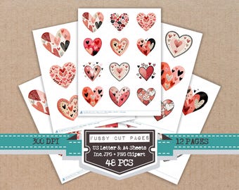 Minimal Folklore Liebe Herz Fussy Schnitt Bogen, 12x bedruckbare Seiten, Valentinstag Karte machen Ephemera, Junk-Journal Ausschnitte, Drucken und Schneiden,