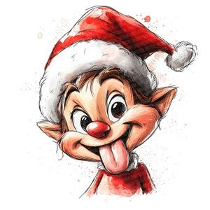 May include: A watercolor illustration of a cartoon elf wearing a red and white Santa hat. The elf has a red nose, a mischievous grin, and its tongue sticking out. The image has a festive, Christmas theme.