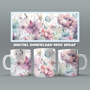 Beautiful Flowers Mug Wrap, 11oz & 15 Oz Mug Sublimation Design, Watercolour Mug Wrap Design, Mug Sublimation, 11oz Mug Png, 15oz Mug PNG