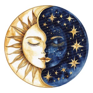 Sun Moon Folk Duo PNG Clipart, 12x Sun and Moon Face Clip Art Set, Printable Watercolor Clip Art, Digital Download, Transparent PNG
