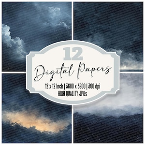 May include: A digital art collage featuring four panels with cloud and sky imagery. A central label reads "12 Digital Papers" with dimensions and file type details. The overall color palette is shades of blue and white, with a textured background.