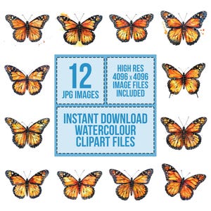 12 Monarchfalter Clipart, Aquarell Schmetterling Kunst, druckbare Aquarell Clipart, Papiermodelle, Wandkunst, digitaler Download, Junk Journals