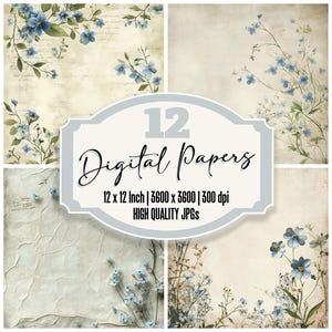 12x Forget Me Not Junk Journal Paper Ivory Floral Digital Paper Pack Vintage Botanical Backgrounds High Quality JPGs Scrapbook Download