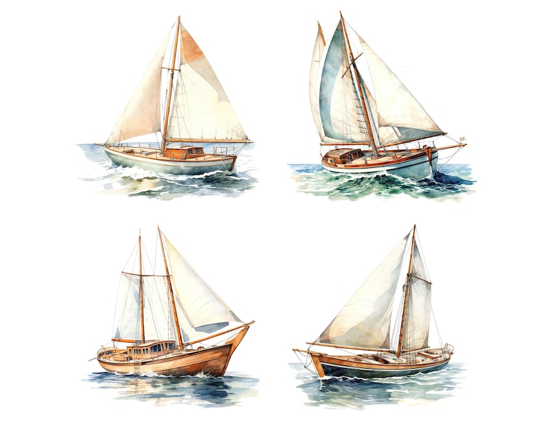 Sailboat Clipart, 12x Vintage Nautical Boat Art Set, Printable Watercolor Art, Transparent Background PNG, Digital Download, Paper Crafts image 5