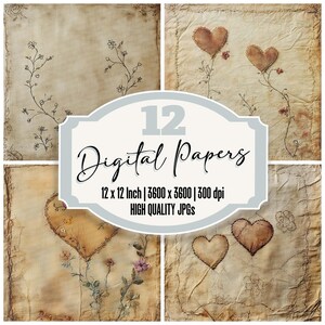 12x Linen Heirloom Heart Junk Journal Paper Digital Paper Pack Vintage Stitch Texture Embroidered Flowers Printable High Quality JPGs