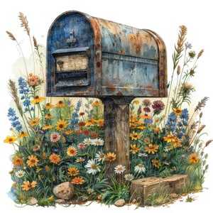 12x Clipart di cassette postali, Clipart di fiori selvatici di cassette postali JPG, Clipart di acquerelli stampabili, Arte murale, Artigianato di carta, Download digitale, Diari spazzatura