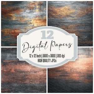 Peut inclure: Un produit d'art numérique présentant quatre fonds texturés dans des tons de gris, de marron et d'or. L'image comprend une étiquette centrale avec le texte "12 Digital Papers" et des détails sur la taille et la résolution du papier.