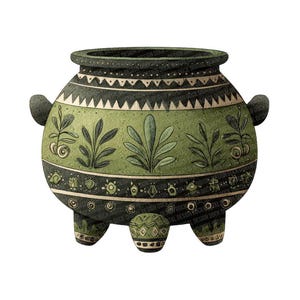 May include: A decorative, round, green and black cauldron with three small feet and two side handles. The cauldron features a detailed design of leaves, geometric shapes, and patterns. The cauldron is a whimsical, artistic piece.