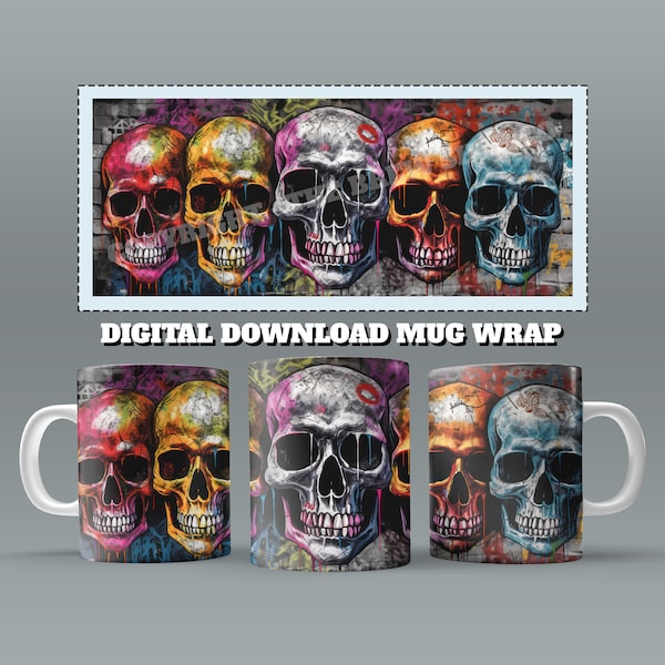 Graffiti Skulls Mug Wrap, 11oz & 15 Oz Mug Sublimation Design, Grungy Skull Mug Wrap, Grunge Mug Sublimation, 11oz Mug Png, 15oz Mug PNG
