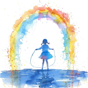Fille à la corde à sauter avec des cliparts arc-en-ciel, 12 JPG, clipart aquarelle art ludique, clipart aquarelle imprimable, créations en papier, carnets indésirables
