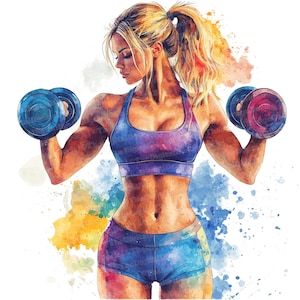 12x Hantle Trening Kobieta Clipart, Fitness Kobieta na Siłowni Trening, Wydrukowalne Akwarele Clipart, Papierowe Rzemiosło, Sztuka Ścienna, Pobieranie Cyfrowe