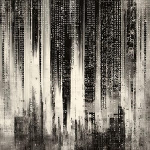 Peut inclure: Impression num&eacute;rique abstraite en niveaux de gris. L'&oelig;uvre pr&eacute;sente des lignes verticales de code binaire et de chiffres, cr&eacute;ant un effet de flux de donn&eacute;es. Le fond a un aspect textur&eacute; et vieilli, avec une silhouette de paysage urbain en bas.