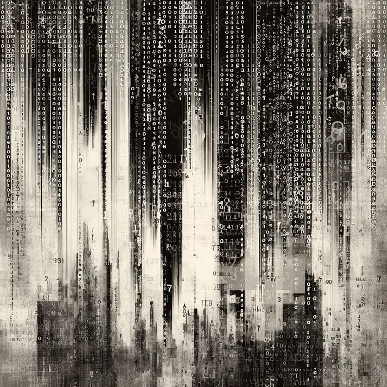 Peut inclure: Impression num&eacute;rique abstraite en niveaux de gris. L'&oelig;uvre pr&eacute;sente des lignes verticales de code binaire et de chiffres, cr&eacute;ant un effet de flux de donn&eacute;es. Le fond a un aspect textur&eacute; et vieilli, avec une silhouette de paysage urbain en bas.