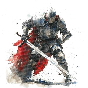 May include: A watercolor painting of a knight in full armor, charging forward with a sword raised. He is wearing a red cape that is flowing behind him. The background is a white wash of watercolor.