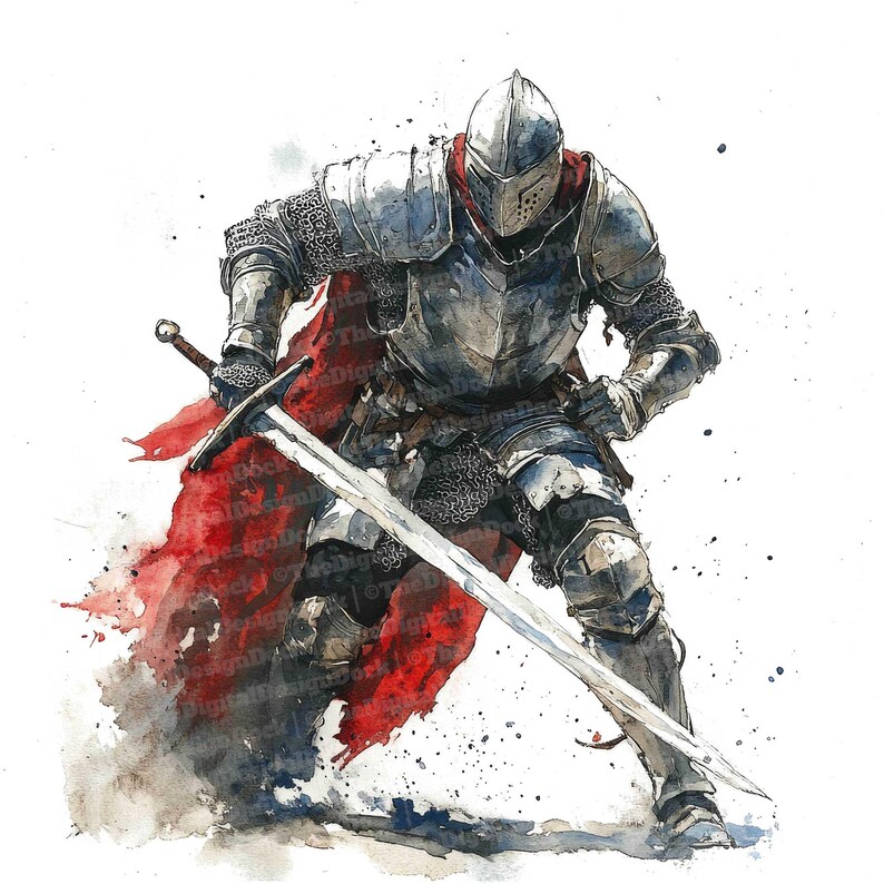 May include: A watercolor painting of a knight in full armor, charging forward with a sword raised. He is wearing a red cape that is flowing behind him. The background is a white wash of watercolor.