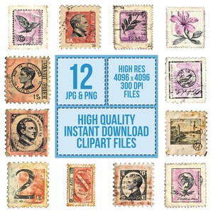 Vintage Stamps PNG Clipart, 12x Watercolor Antique Stamp Clip Art Set ...