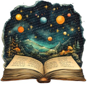May include: An open book with a watercolour illustration of a night sky with stars, planets, and mountains. The book has aged pages with handwritten text.