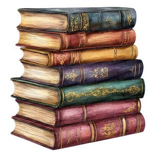 May include: A stack of vintage hardcover books with ornate gold detailing and faded spines. The books are arranged in a pyramid shape, with the largest book at the bottom and the smallest book at the top.
