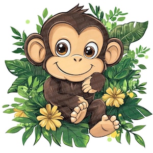 Puede incluir: Una ilustración de dibujos animados de un bebé mono marrón sentado en un entorno de jungla. El mono tiene grandes ojos marrones, una amplia sonrisa y se está sosteniendo la mano en la barbilla. El mono está rodeado de hojas verdes y flores amarillas.