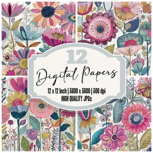 Puede incluir: Doce papeles digitales con diseños florales coloridos. Cada papel mide 30,48 cm x 30,48 cm, con una resolución de 3600 x 3600 píxeles a 300 ppp. Los diseños presentan flores en tonos rosa, azul y amarillo.