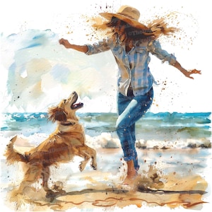 Vrouw en hond strand clipart, 12 jpg's, hond wandelen strand clipart, afdrukbare aquarel clipart, papier ambachten, digitale download, ongewenste tijdschriften