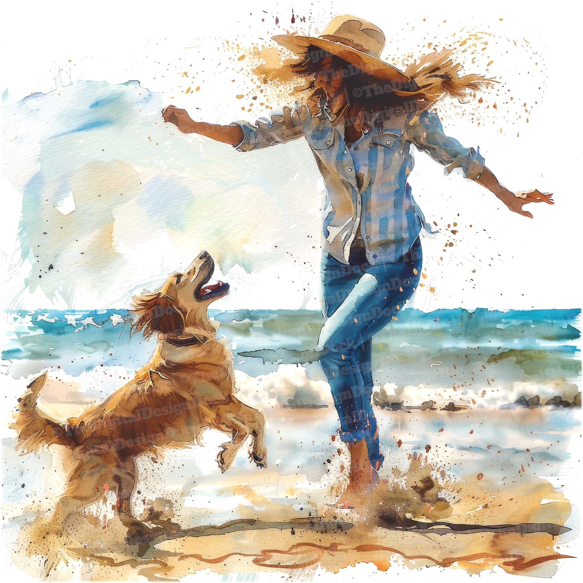 女性と犬のビーチクリップアート、12枚のJPG画像、犬の散歩ビーチ
