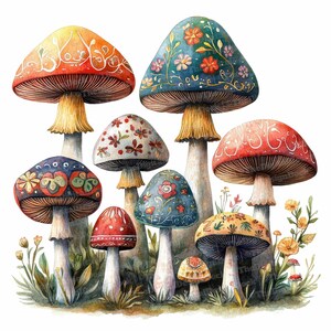 May include: A collection of colorful, patterned mushrooms with intricate designs. The mushrooms are painted in shades of red, blue, green, yellow, and white. The mushrooms are arranged in a cluster, with some overlapping.