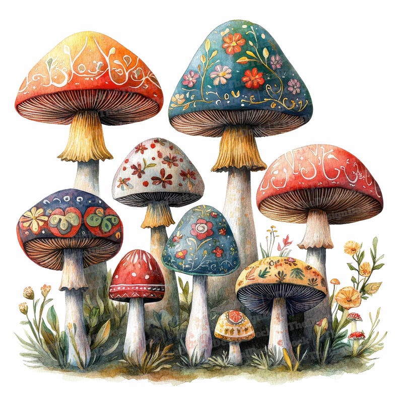 May include: A collection of colorful, patterned mushrooms with intricate designs. The mushrooms are painted in shades of red, blue, green, yellow, and white. The mushrooms are arranged in a cluster, with some overlapping.