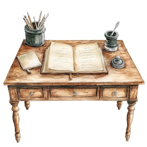 Scrivania con calamaio PNG Clipart, 12x Set di clipart vintage per scrivania, clipart acquerello stampabile, lavoretti di carta, download digitale